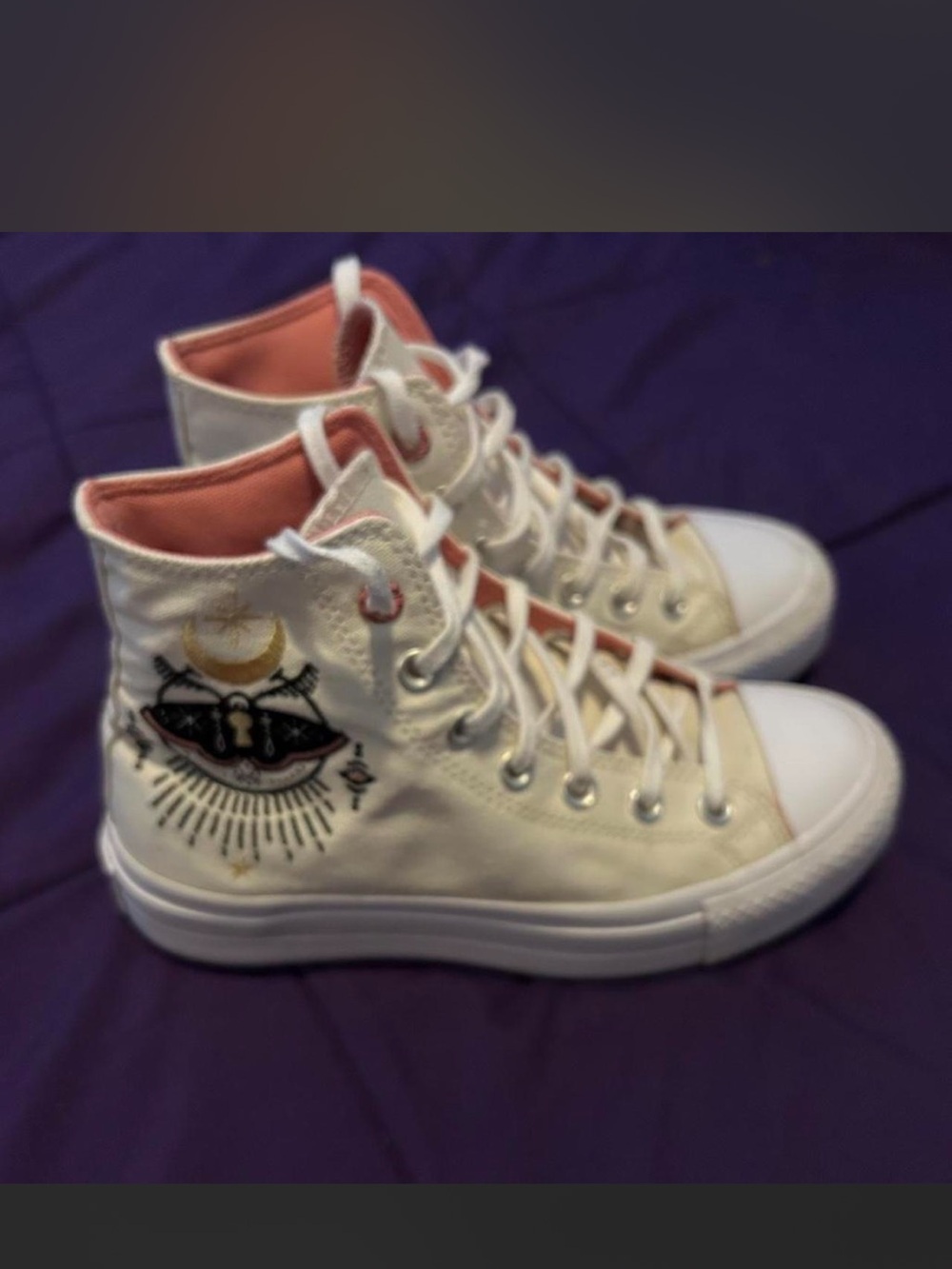 Converse High-Top Canvas Sneakers in Cream with Pink Lining & Embroidered Moth